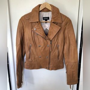 Tan danier leather moto jacket with beautiful floral lining, size xxxs fits xs